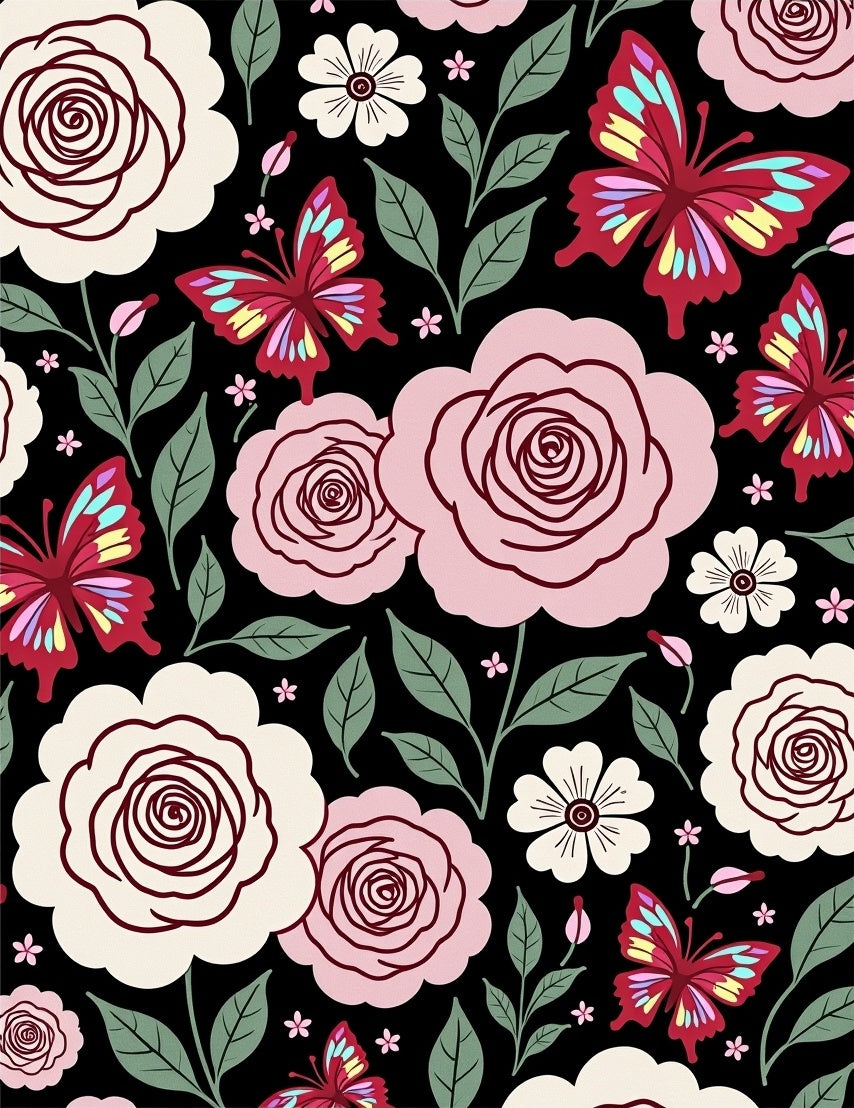 Pink Floral Butterflies on Black Background Rug