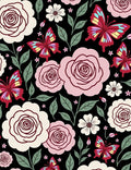 Pink Floral Butterflies on Black Background Rug