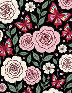 Pink Floral Butterflies on Black Background Rug