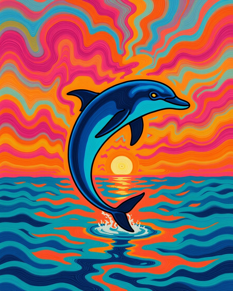 Psychedelic Dolphin Sunset Ocean Waves Rug