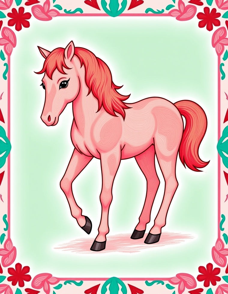 Pink Horse With Floral Border Rug