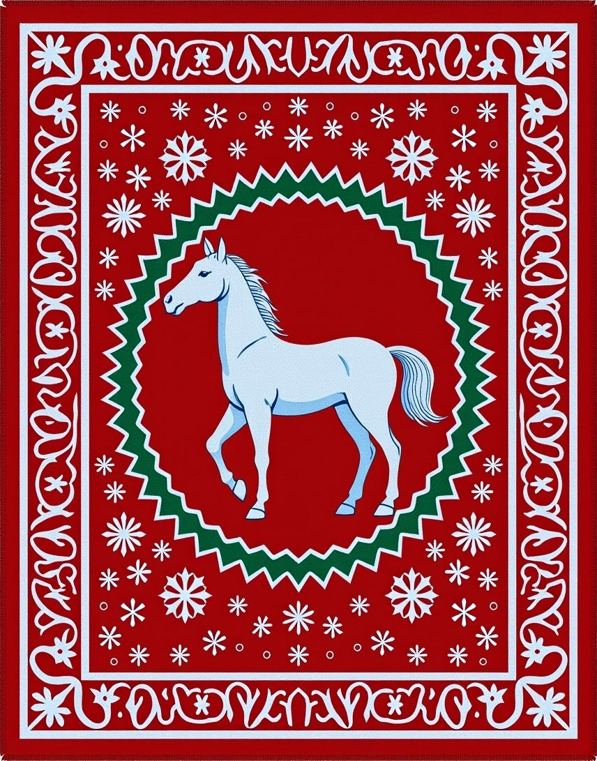 Crimson White Horse Snowflakes Medallion Rug