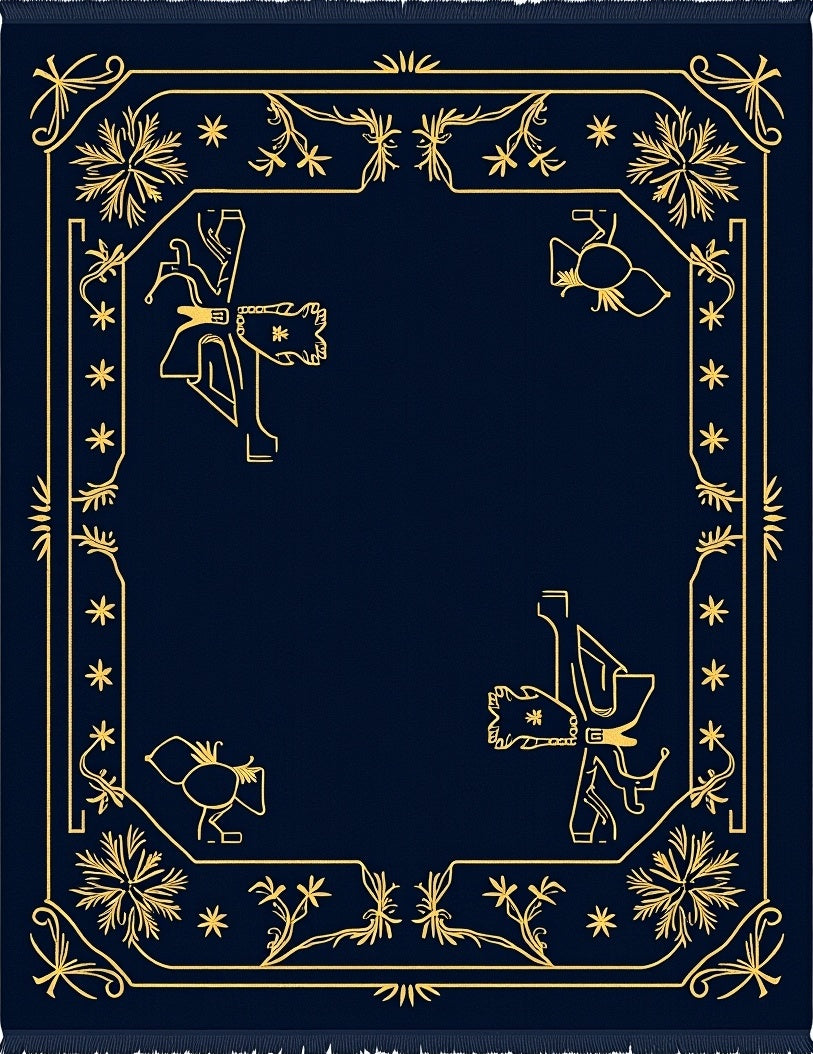 Navy and Gold Vintage Floral Border Rug