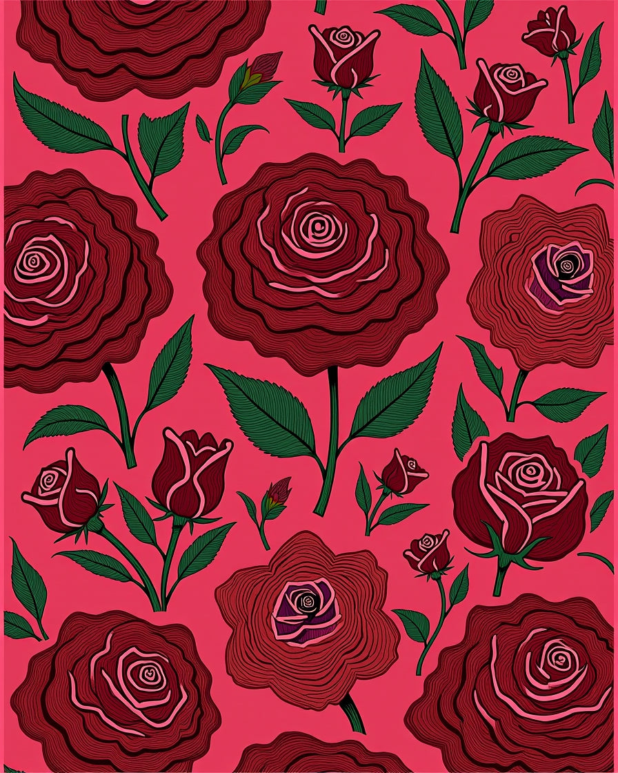 Deep Red Botanical Rose Arrangement Rug