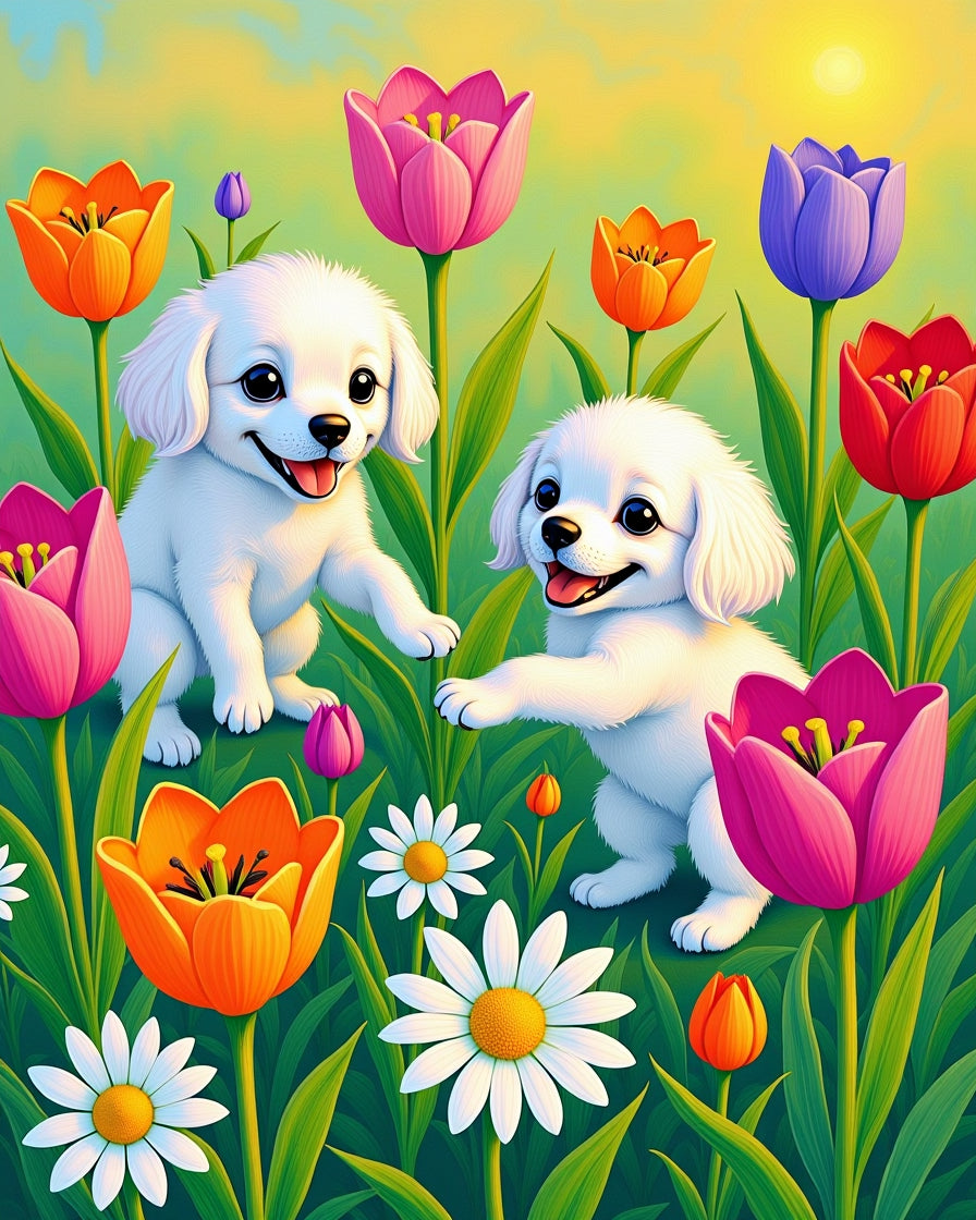 Whimsical White Puppies Floral Garden Rug