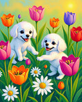 Whimsical White Puppies Floral Garden Rug