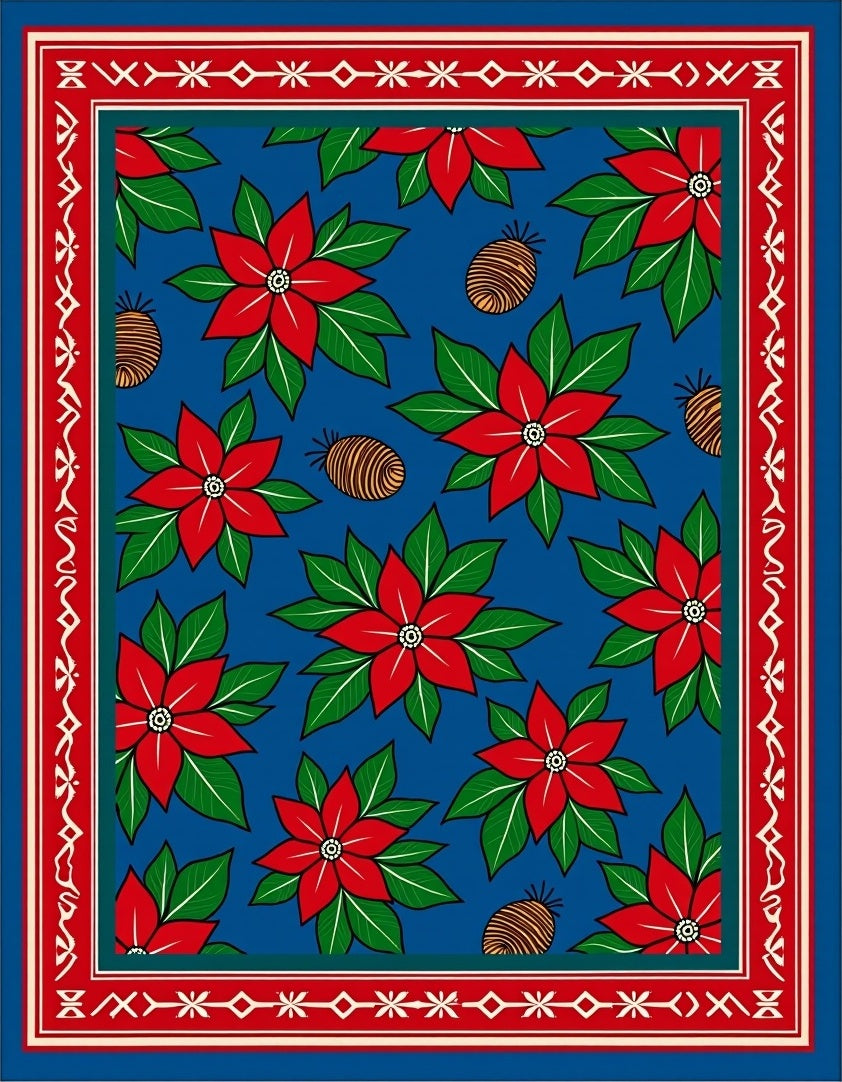 Red Poinsettia Blue Green Festive Rug