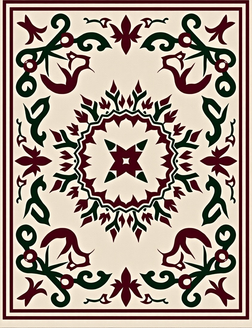 Deep Burgundy Emerald Scroll Medallion Rug