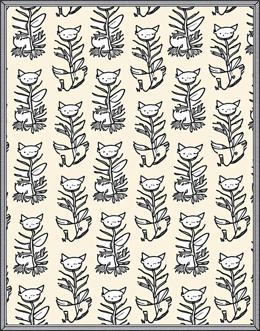 Whimsical Cat Flower Cream Rug