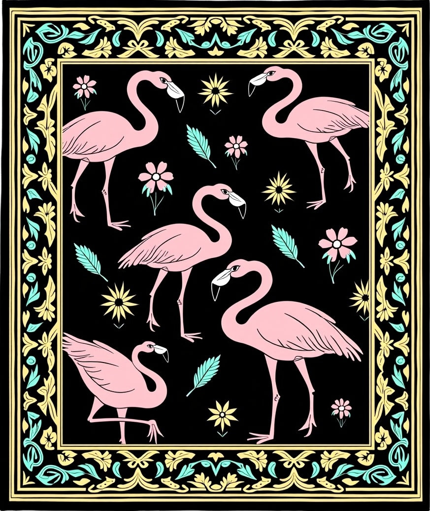 Pink Flamingos With Floral Border Rug
