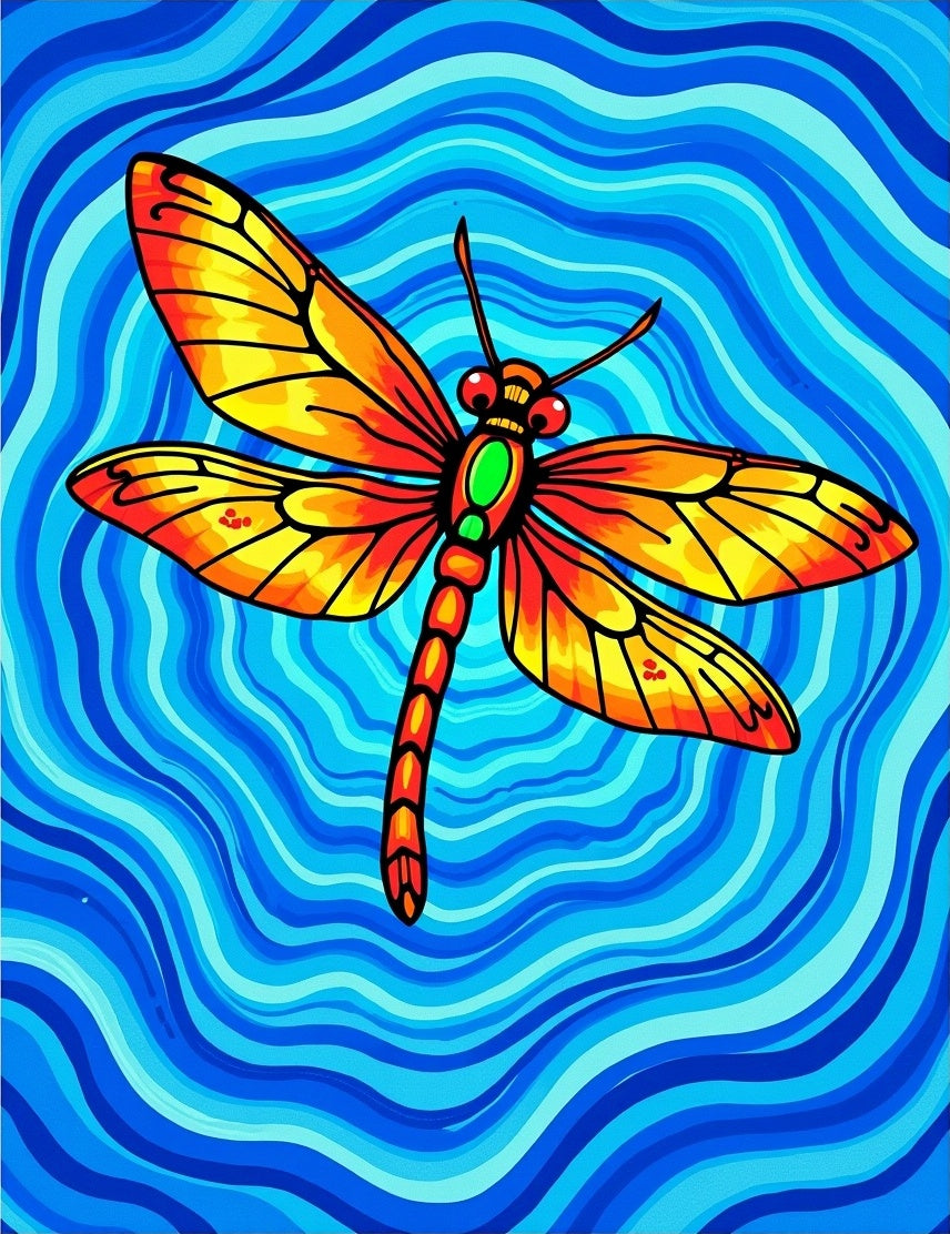 Vibrant Orange Dragonfly Blue Waves Rug