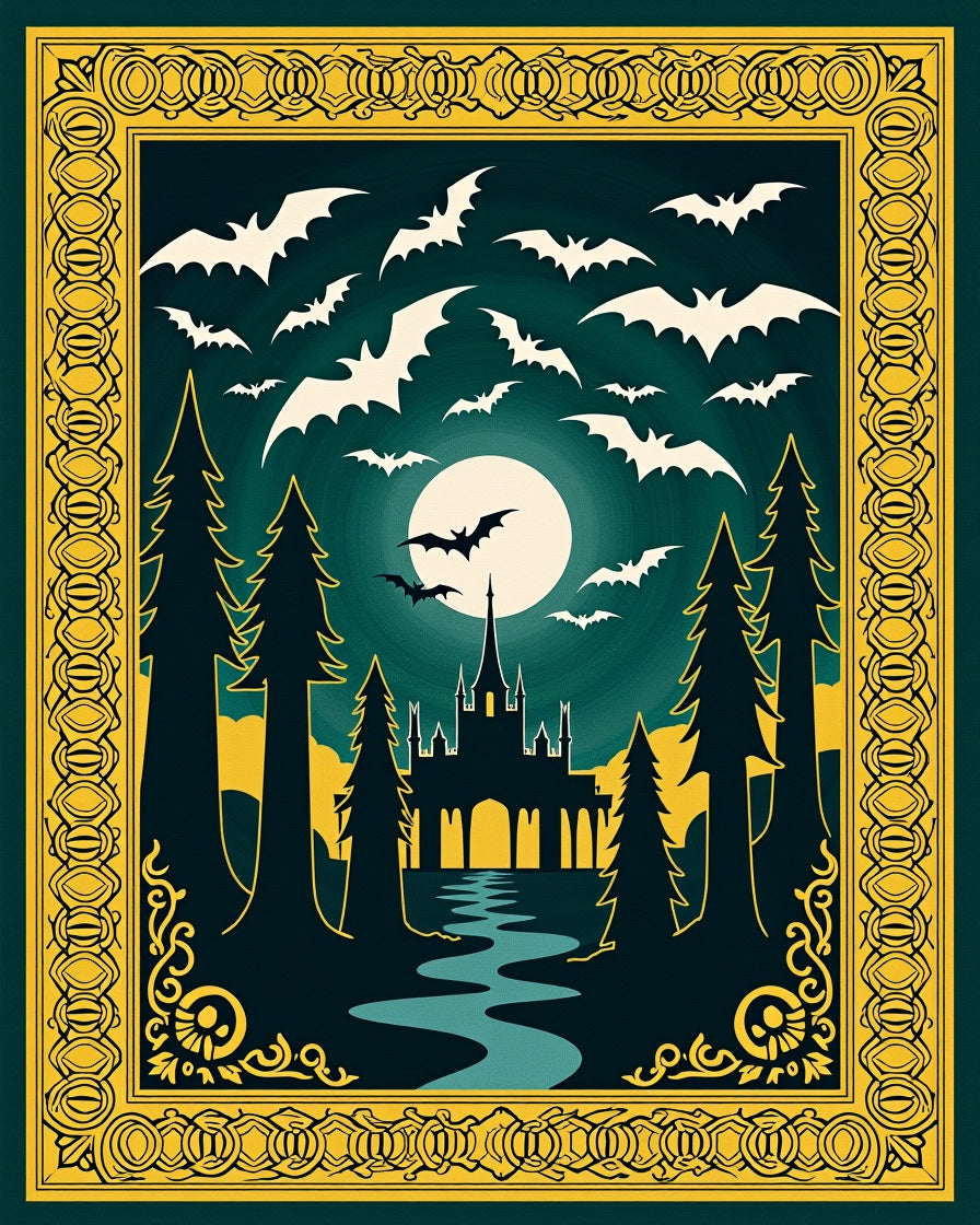 Eerie Moonlit Bat Forest Castle Rug