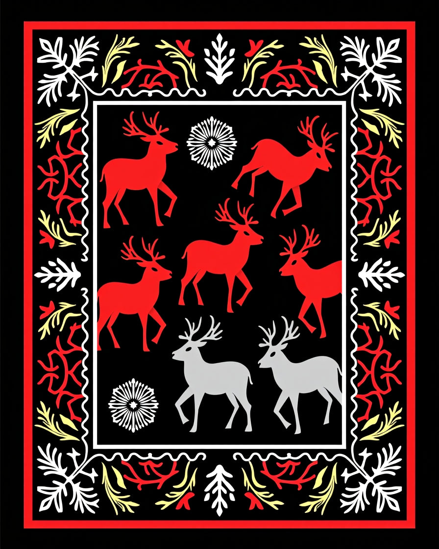 Red Silver Deer Folk Art Border Rug