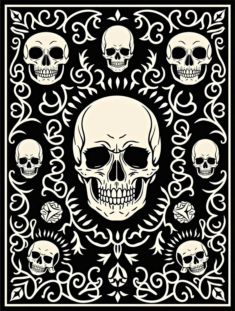 Cream Skulls Black Ornate Flourish Rug