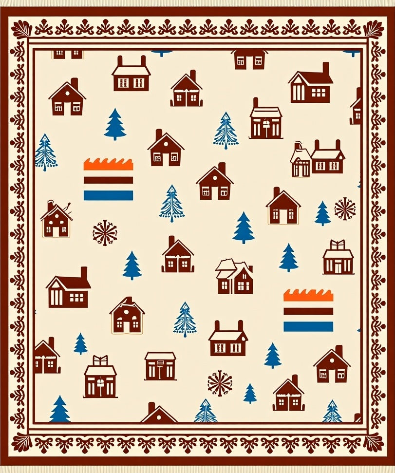 Cozy Houses Blue Trees Cream Background Rug