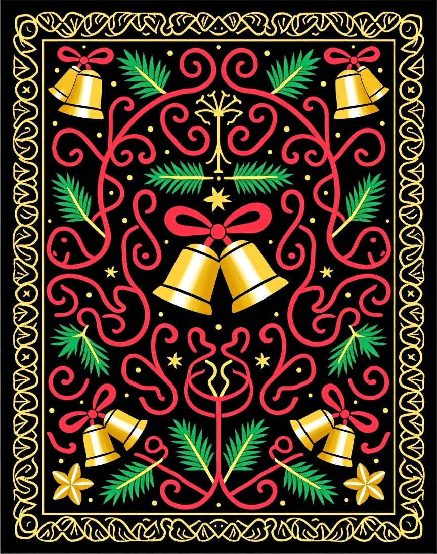 Festive Golden Bells Red Swirls Rug