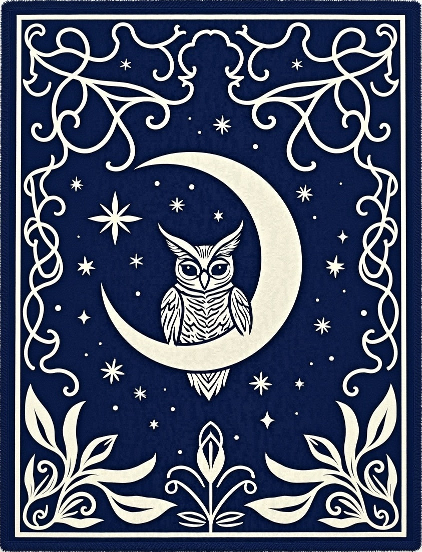 Midnight Blue Owl Moon Stars Rug