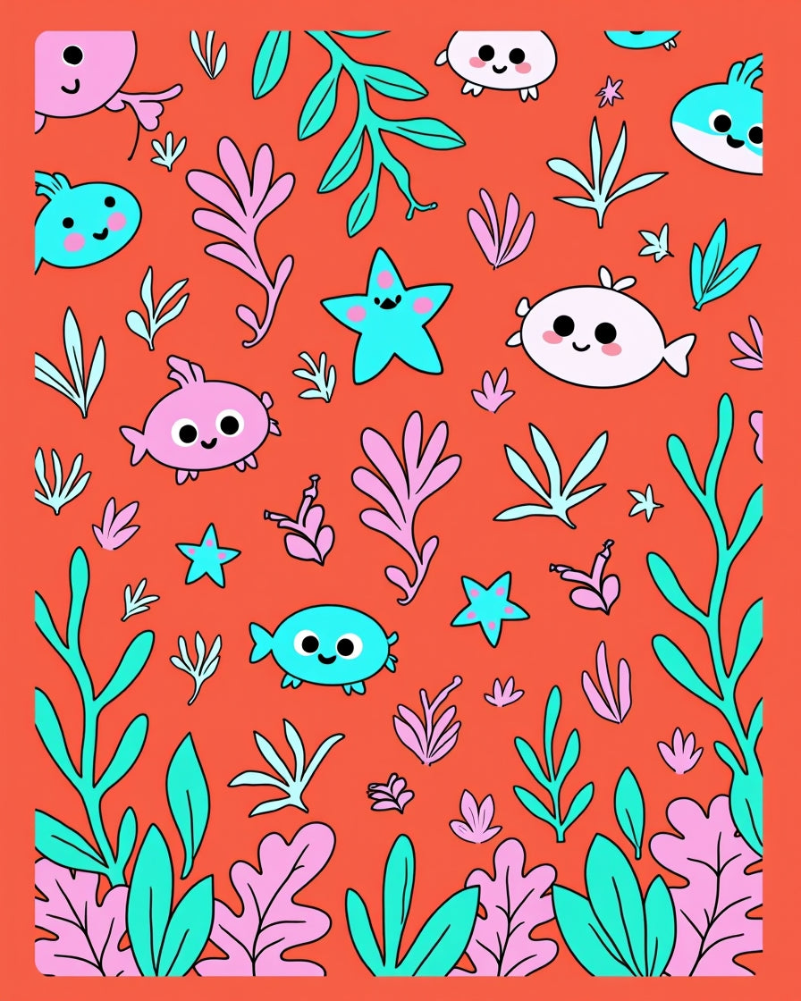 Coral Sea Creatures Aquatic Botanical Collage Rug