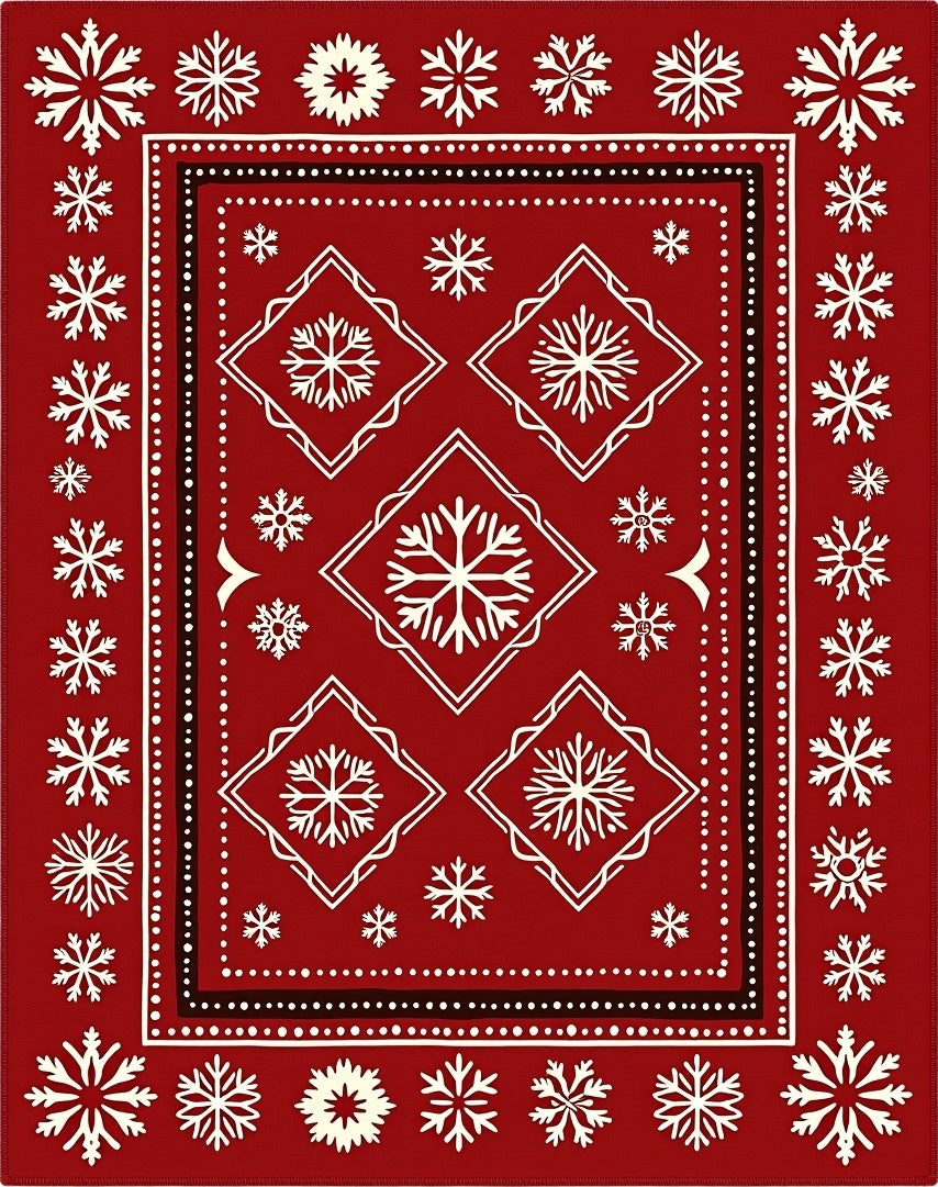 Crimson White Snowflake Border Medallion Rug