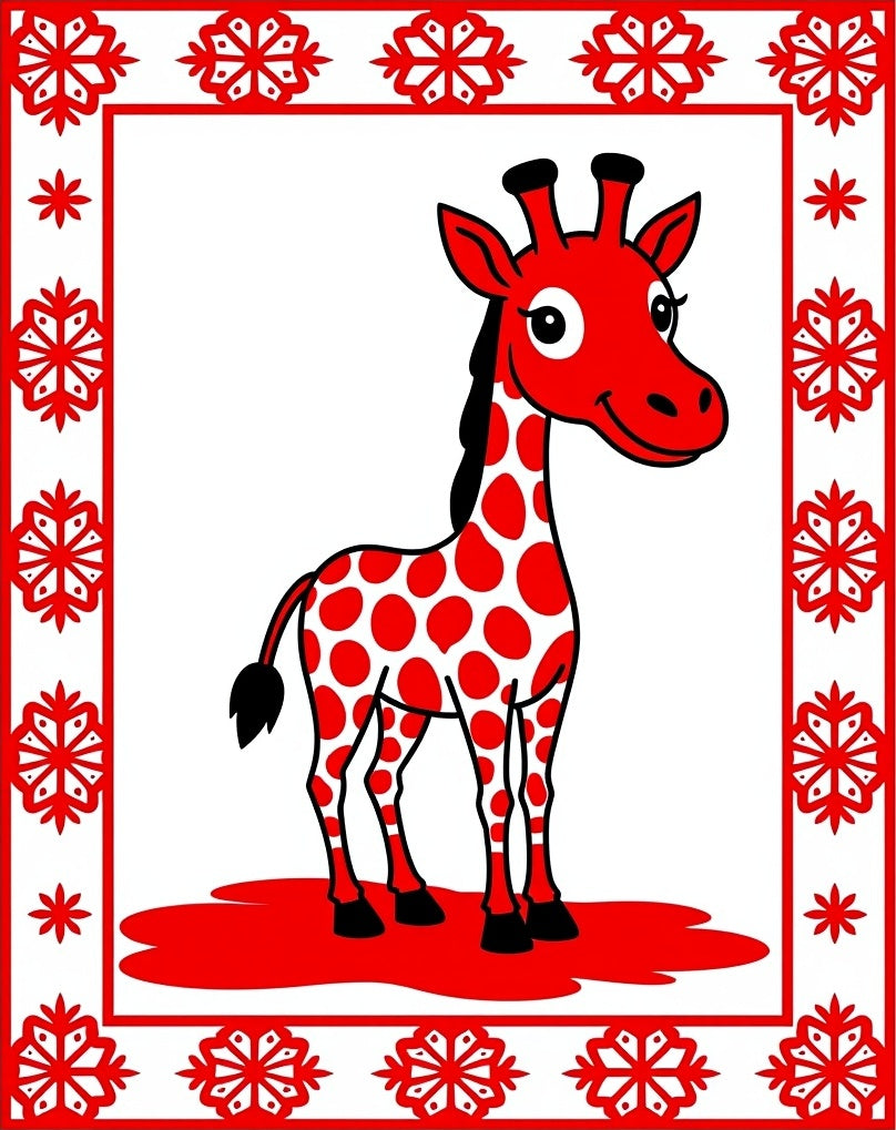 Red Giraffe Snowflake Border Rug