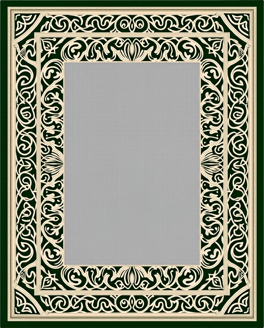Dark Green Cream Scrollwork Frame Rug