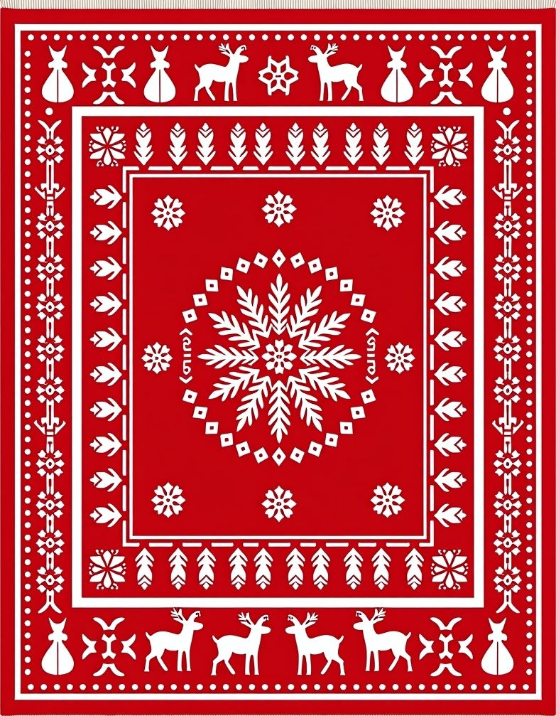 Red Snowflake Deer Folk Art Rug
