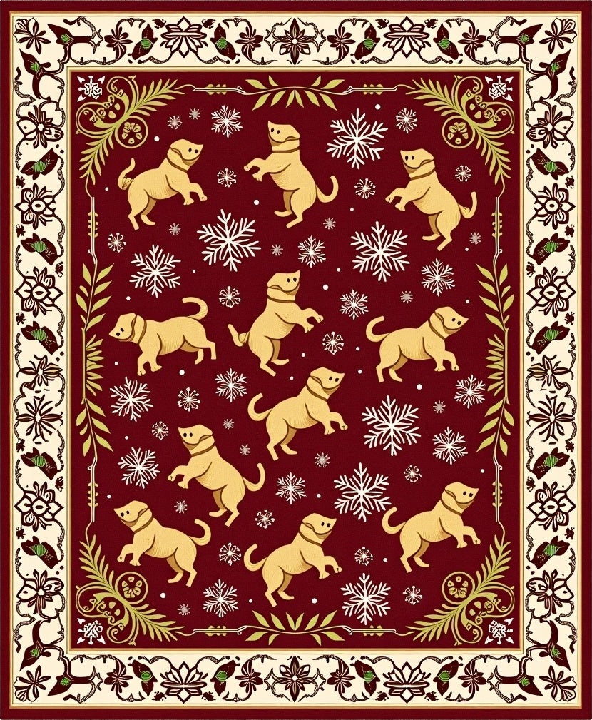Burgundy Golden Dog Snowflakes Border Rug
