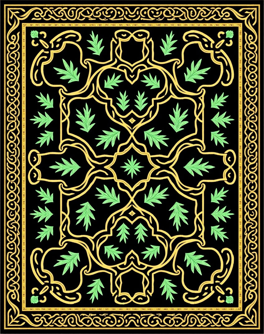 Golden Vine Leaf Black Floral Rug