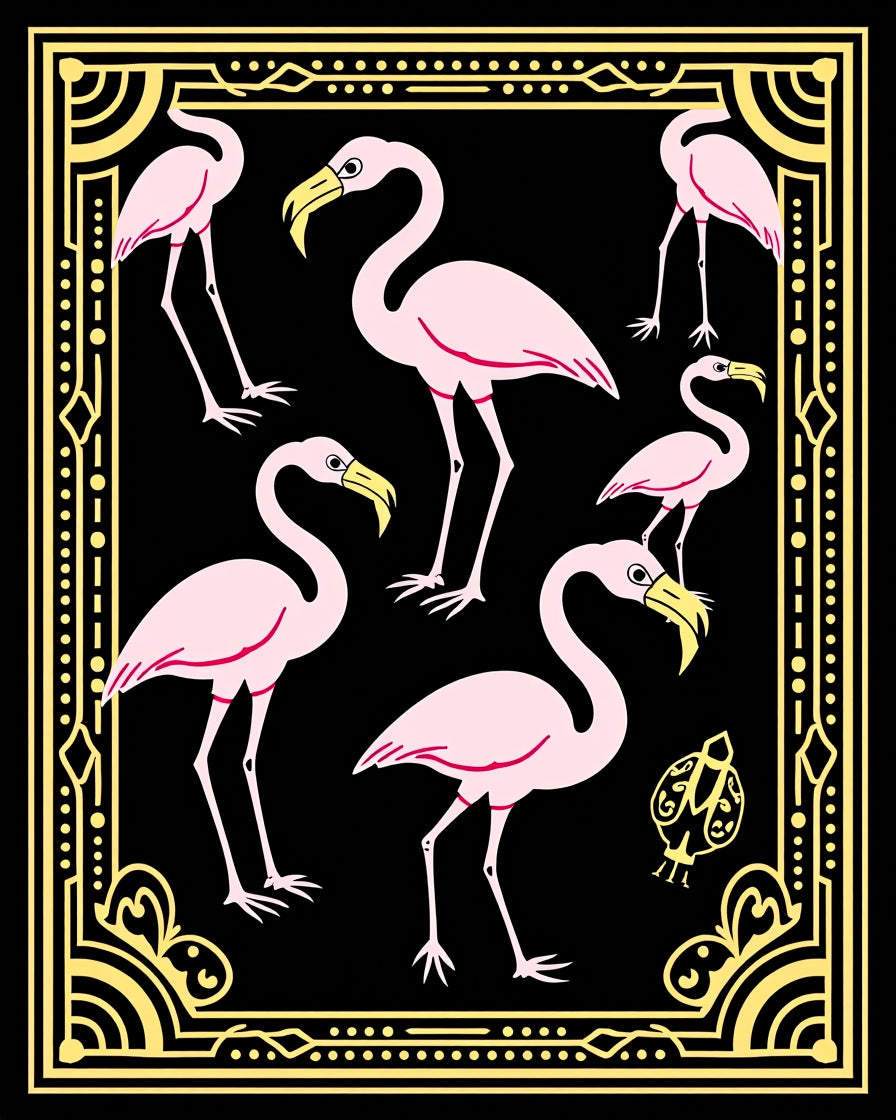 Pink Flamingos Golden Art Deco Frame Rug