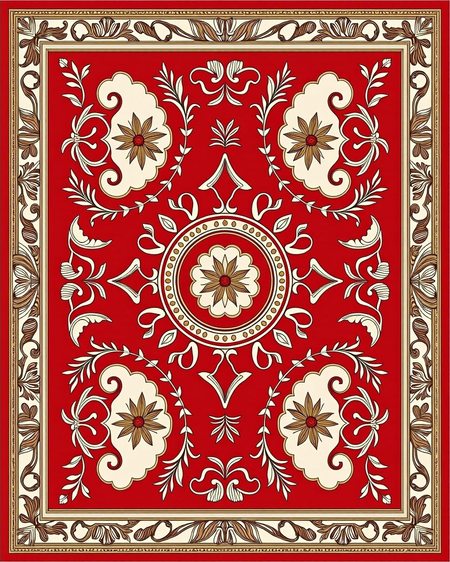 Crimson Ivory Floral Medallion Border Rug