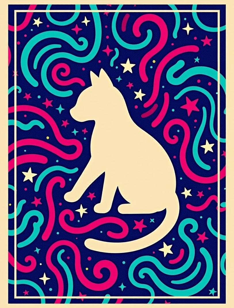 Cream Cat with Swirls and Stars Rug