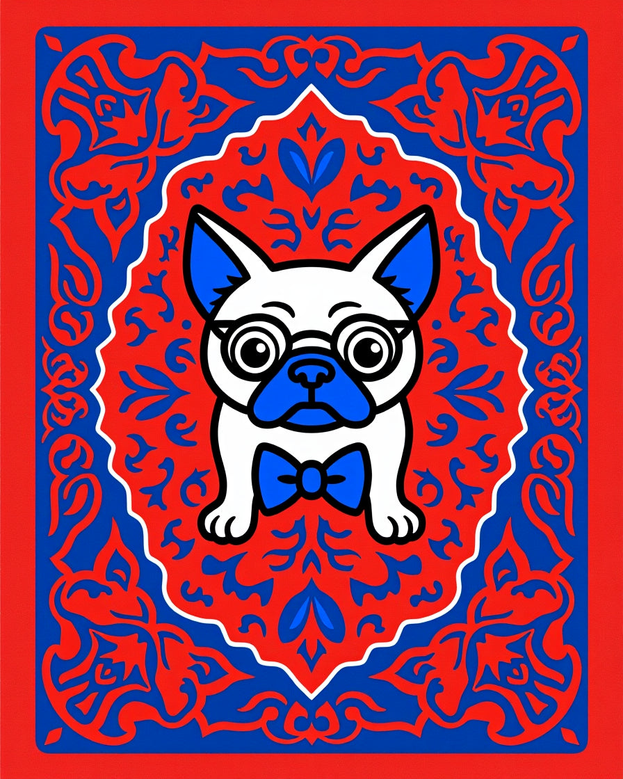 Dapper Pug Whimsical Red Blue Oval Rug