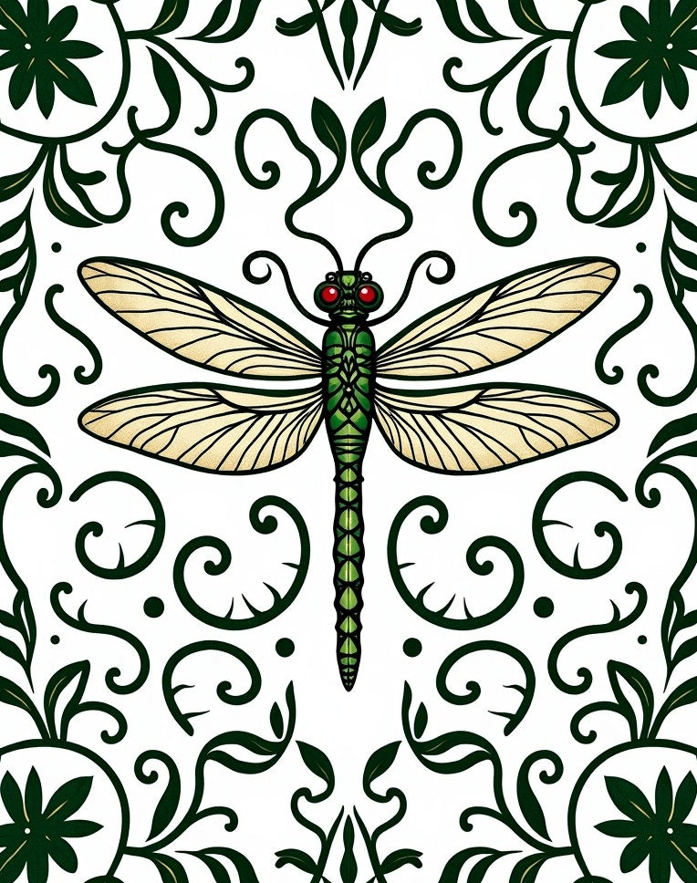 Emerald Dragonfly Floral Scroll Rug