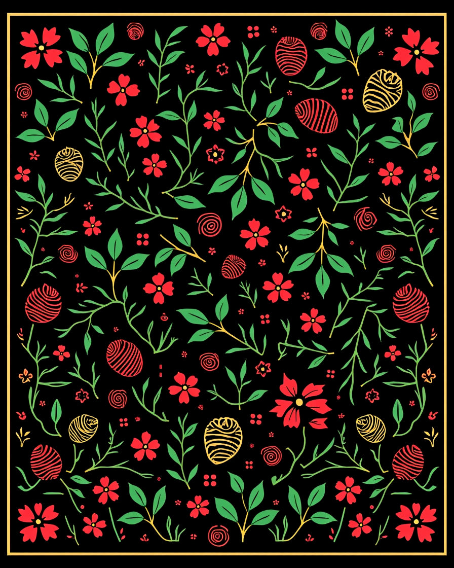 Red Floral Vine Botanical Black Rug
