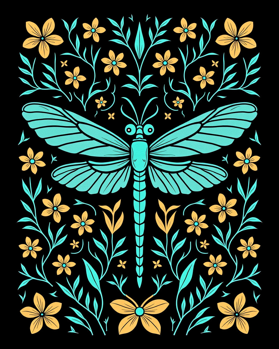 Turquoise Dragonfly Floral Garden Art Rug