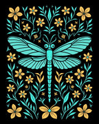 Turquoise Dragonfly Floral Garden Art Rug