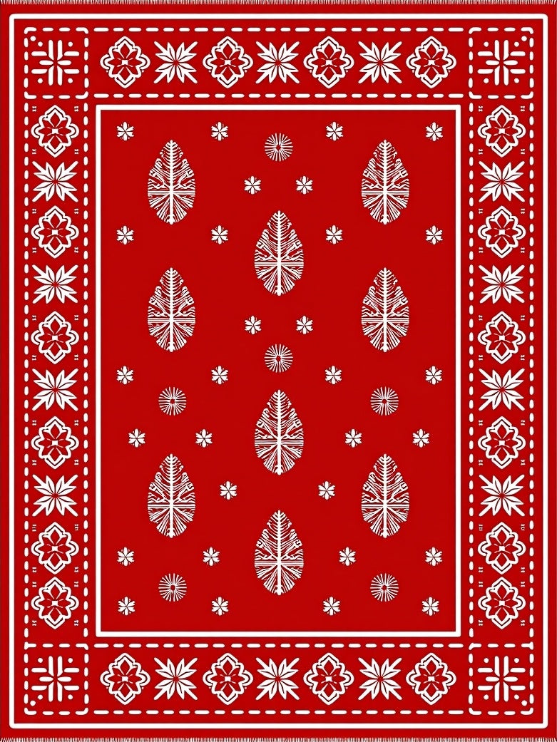Red White Leaf Floral Border Rug