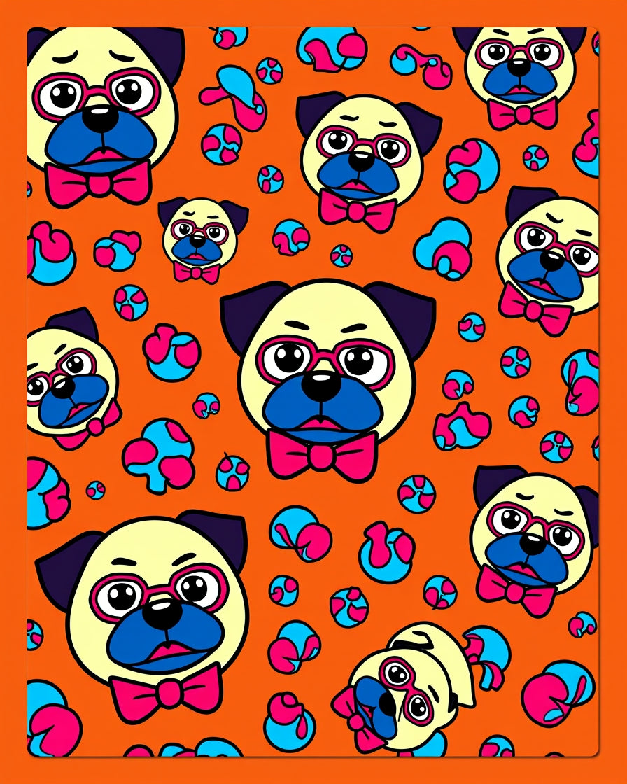 Dapper Pug Faces Neon Swirls Rug