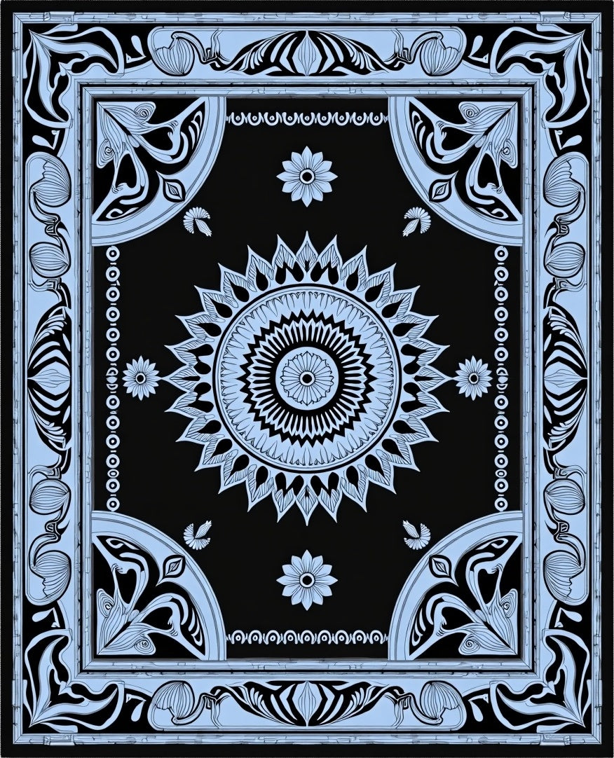Black Light Blue Floral Medallion Art Nouveau Rug