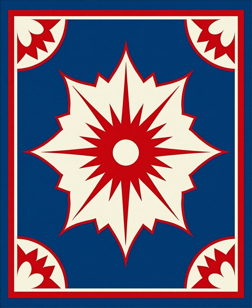 Crimson Red Starburst Blue Medallion Rug