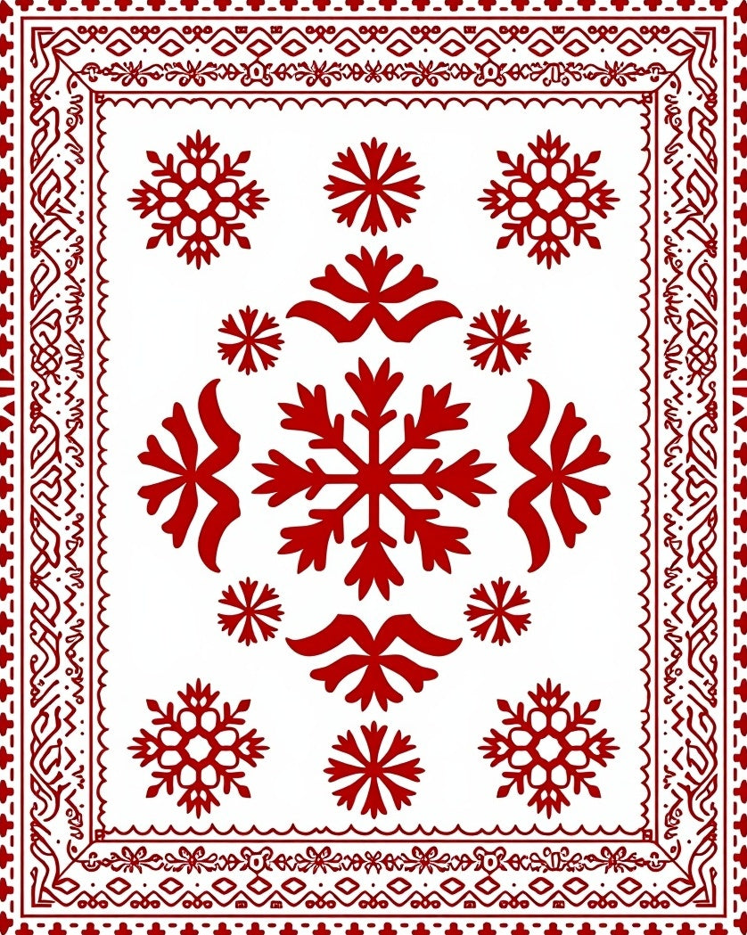 Red Snowflake Border Medallion Rug