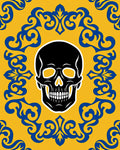 Bold Yellow Blue Skull Damask Rug