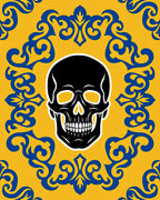 Bold Yellow Blue Skull Damask Rug