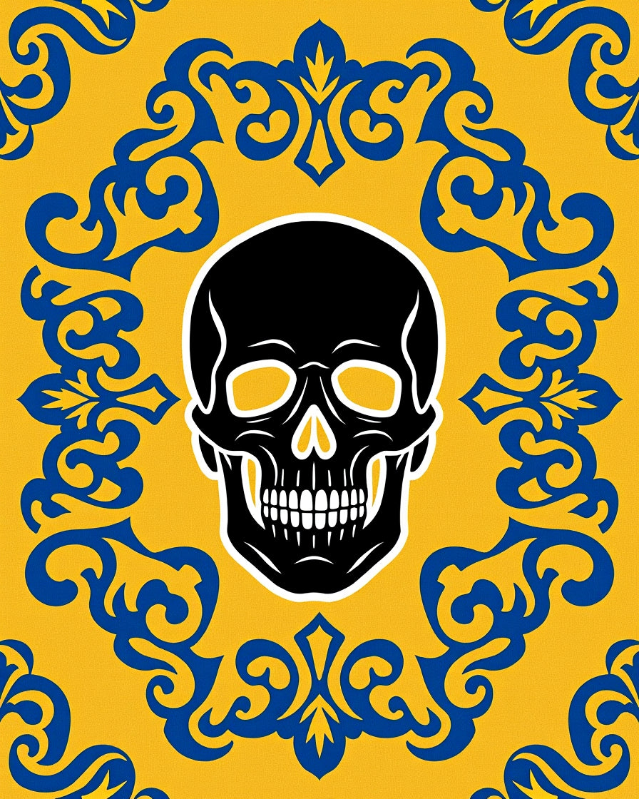 Bold Yellow Blue Skull Damask Rug