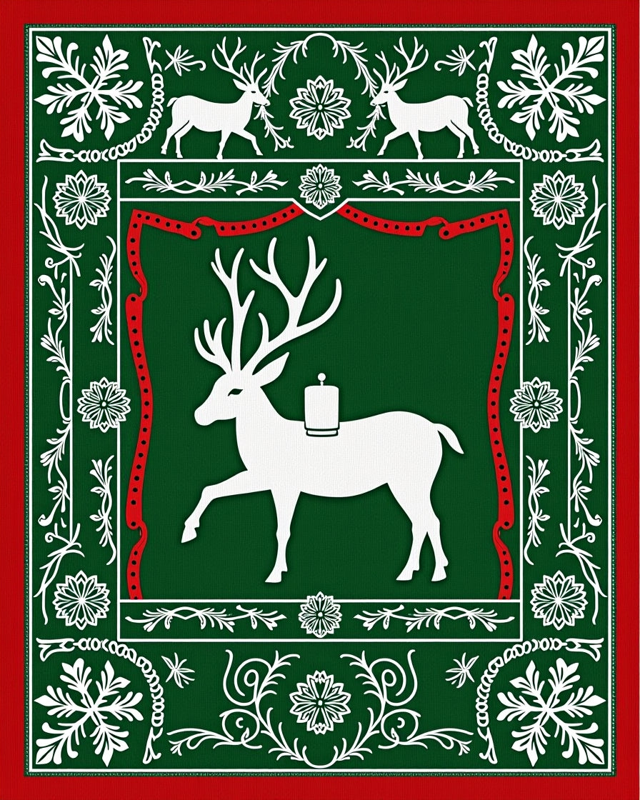 Festive Red Green White Reindeer Frame Rug