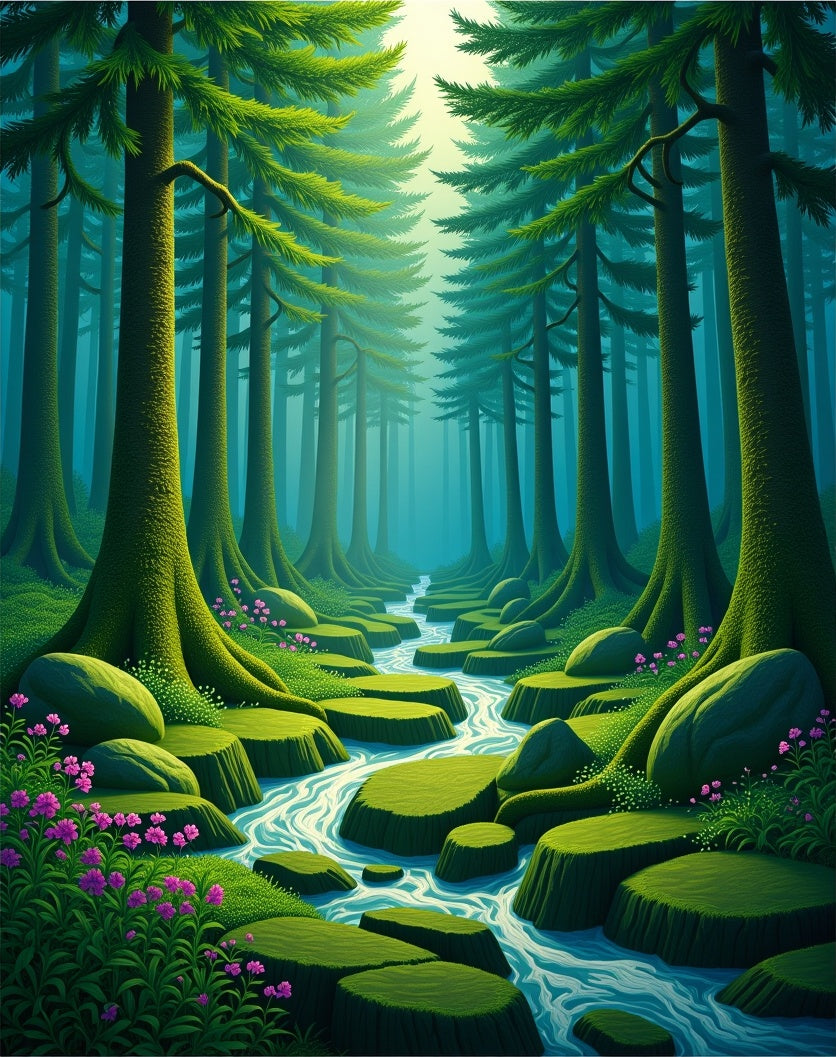 Enchanted Forest Stream with Pink Flowers Rug