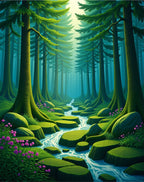 Enchanted Forest Stream with Pink Flowers Rug