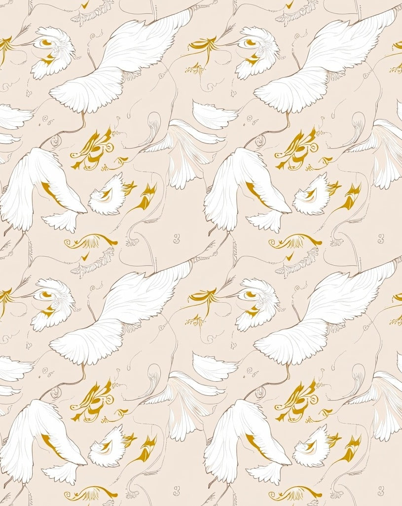 Ethereal White Bird Gold Swirls Rug