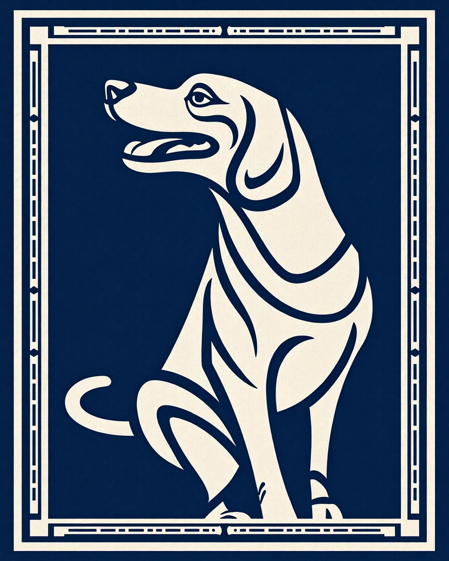 Deep Blue Sitting Dog Graphic Frame Rug