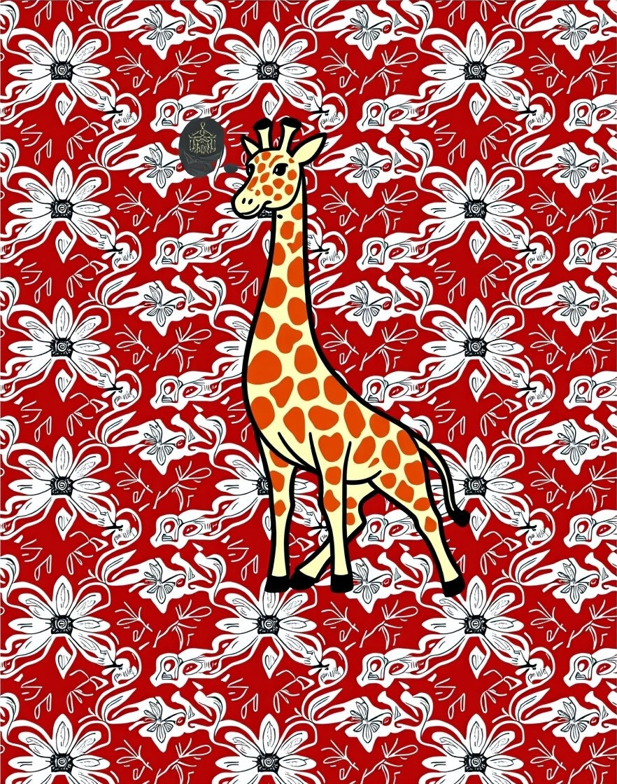 Red Floral Giraffe Whimsical Art Rug